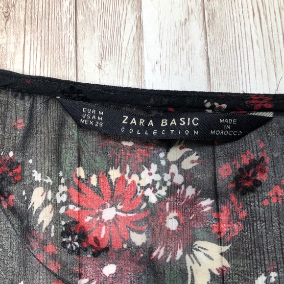 ZARA BASIC Sheer Black Floral Ruffle Top-sz M - Picture 6 of 7